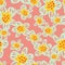 Seamless random pattern with flowers hand drawn ornament. Pink background. Floral backdrop