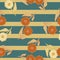Seamless random pattern with summer field sunflowers silhouettes in orange tones. Blue striped background