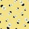 Seamless random pattern with white bear heads in tuxedo outfits. Light yellow background. Childish backdrop