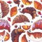 Seamless raster illustration with various croissant and berries. Croissant with strew topping and chocolate syrup, baked and fried