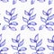 Seamless raster large illustration with blue and purple plants, based on rubber plant shape. Square floral pattern on white waterc