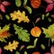 Seamless raster pattern with watercolor autumn leaves on a black background