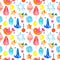 Seamless raster watercolor pattern of Christmas and New Year symbols. Elements and items of the holiday on the