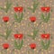 Seamless Red Papaver Rhoeas Flowers with Green Leaves and Yellow Seeds Pattern