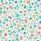 Seamless repeat pattern background of colourful beetles, leaves and flowers. A vector surface design of insects and