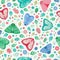 Seamless repeat pattern background of colourful moths, beetles, leaves and flowers. A vector background of insects and