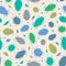 Seamless repeat pattern background of green and blue beetles and leaves. A vector silhouette design of bugs and foliage