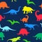 Seamless repeat pattern with colorful neon dinosaur silhouettes on a navy blue background