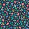 Seamless repeat pattern of colourful beetles, leaves and flowers on a dark background. A vector surface design of