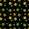 Seamless repeat pattern with green, yellow and bronze flowers on black background. drawn fabric, gift wrap, wall art design,
