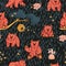 Seamless repeat pattern of hand drawn bear that walks and sits, honey, forget me nots, beehive, smell of honey, tree, branch, bees