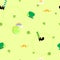 Seamless repeat pattern saint patrick`s day with clover leaf shamrock, sock and shoes, gold and rainbow, hat, beard, beer