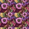 Seamless repeate pattern design with mushrooms, gerbera, butterflies, nut, black outline and colorful flowers