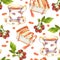 Seamless repeated pattern - tea cup, raspberry berries, dessert cakes. Watercolor