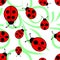 seamless repeating asymmetrical pattern of ladybugs on a white and green background