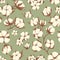 Seamless repeating botanical pattern with soft cotton flower branches. Endless floral background for printing and