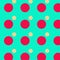 Seamless repeating pattern: big red and small beige circles on a turquoise background