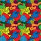 Seamless repeating pattern of colored figures with the inscription go