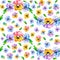 Seamless repeating spring pattern of beautiful watercolor single violet pansy viola flowers on a white background. There is an