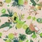 Seamless retro pattern with tropical fruits and flowers. Banana, Orange, Lemon, Pineapple, Dragon fruit background for textile