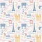 Seamless retro style background with symbols of Paris and France and French words