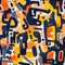 Seamless risograph pattern, abstract blue and orange shapes