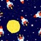 Seamless rocket pattern with ship, moon, stars, stripe way. Vector kids background.
