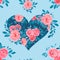 Seamless romantic blue background with pink watercolor flowers and hearts