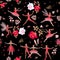 Seamless romantic pattern with ballet dancers in red clothes, beautiful big roses, leaves and hearts. Bright vector illustration.