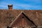 Seamless roof texture of flat red shingles with embedded line patterns