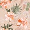 Seamless rose and eucaluphtys branch. Tropical pattern flower and greenery palm leaves realistic vector illustration , luxury boho
