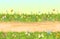 Seamless sandy road. Horizontal border composition. Summer flowers meadow landscape. Juicy grass. Rural rustic scenery
