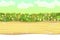 Seamless sandy road. Horizontal border composition. Summer meadow landscape. Juicy grass. Rural rustic scenery. Cartoon