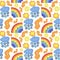 Seamless saturated pattern with multi-colored sewing buttons on a wite background. Various elements: rainbow, sun, cloud,