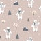 Seamless scandinavian pattern with cute white bear in the wood. Snow forest