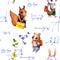 Seamless school pattern with animals, math formula, flowers. Watercolor