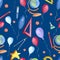 Seamless school pattern. Back to school. School, globe, backpack, ball, book, chemistry, test tubes, paint, plant