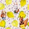 Seamless school pattern - childish animals, autumn leaves, letters. Watercolor