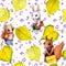 Seamless school pattern - childish animals, autumn leaves, letters. Watercolor