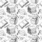 Seamless school pattern in vector on white background. Hand-drawn background of school subjects, book, textbook, briefcase, pencil