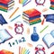 Seamless school pattern in watercolor. Books, textbooks, colored, pencils on a white background. Design for textiles, paper,