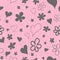 Seamless scratched black and pink pattern of hand-drawn contours and silhouettes of flowers and hearts