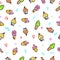 Seamless scribble pattern pink, purple, red, brown, yellow and green, ice cream, stick, cone and cup with love, square, circle and