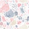 Seamless sea-ocean pattern with fishes, corals, squids, seashells etc. Hand drawn background