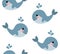 Seamless sea pattern with cute smiling whales. Marine life background