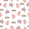 Seamless sea pattern with cute starfish and seashell.