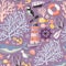 Seamless sea pattern with fishes, anchor, corals, lighthouse, whale, atlantic puffin etc. Ocean background