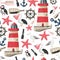 Seamless sea pattern with fishes, anchor, corals, lighthouse, whale, atlantic puffin etc. Ocean background