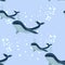 Seamless sea pattern with funny whales. Summer marina background