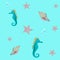 Seamless sea pattern with seahorse, starfish, and seashell